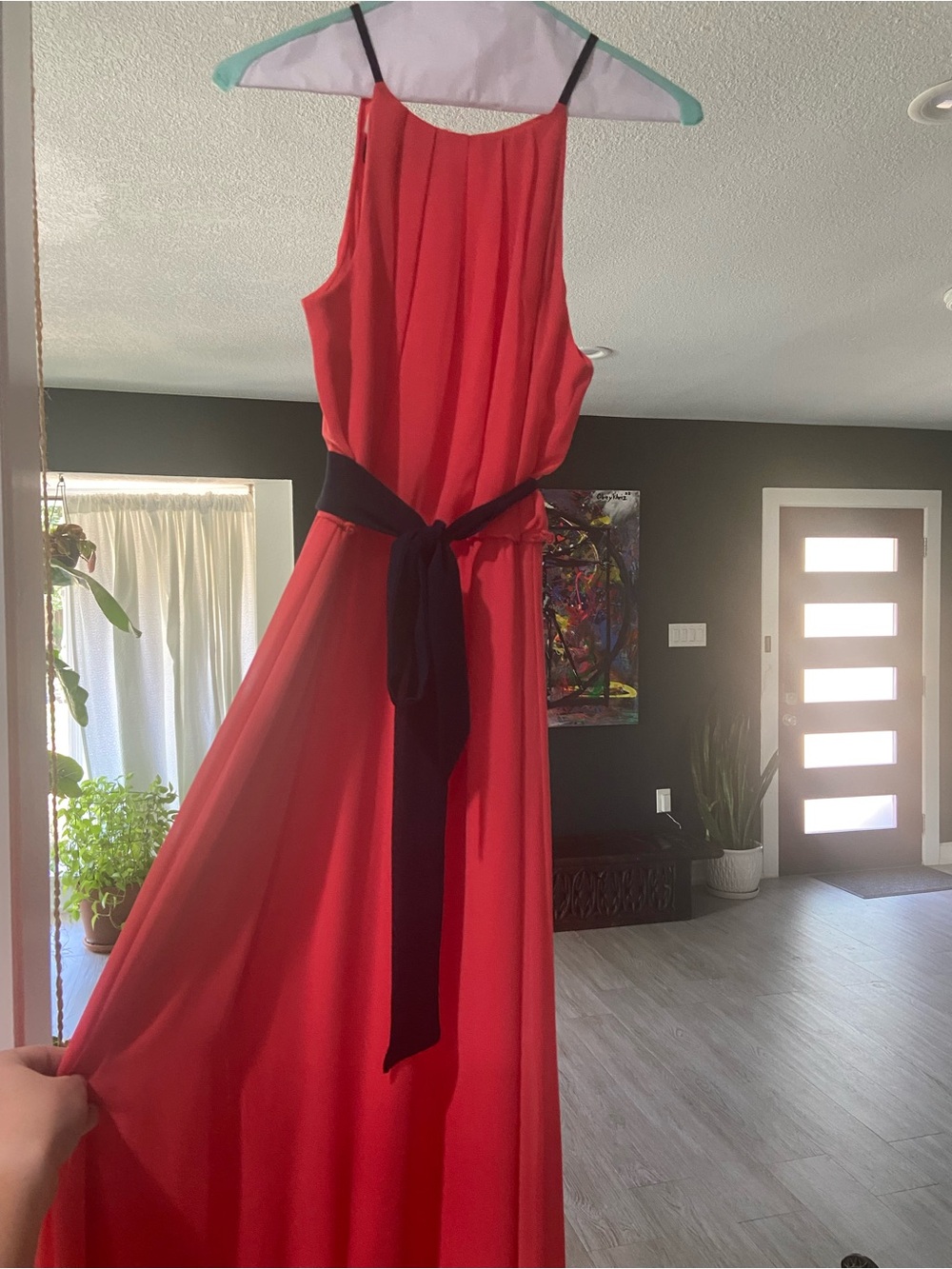 Coral/salmon Maxi Dress with optional navy Waist Sash